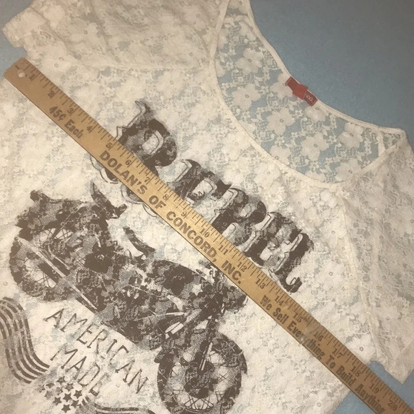 BONGO lace sheer top “Rebel American Made” motorcycle short cuffed sleeve size M - Picture 8 of 8